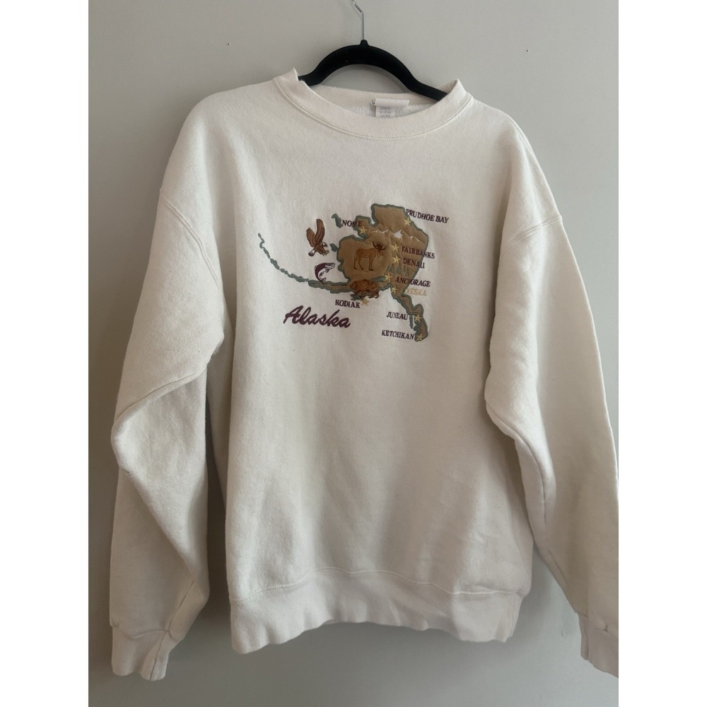 Vintage Embroidered Alaska Sweatshirt Adult Size L Beige Bald Eagle Moose‎